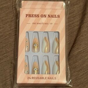 White Gold and Tan Press On Nails With Evil Eye Details